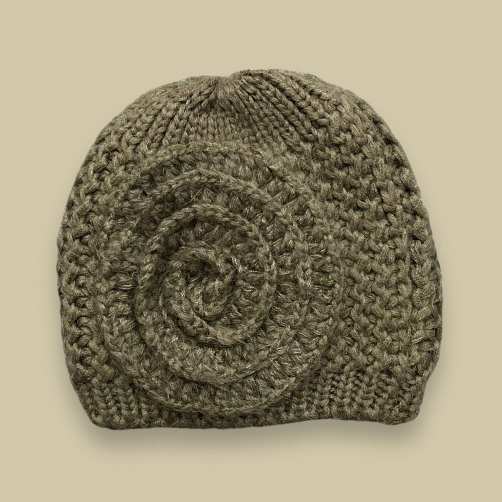 Vintage Knit Beanie Hat Cap 80s 90s Acrylic Fair Isle Flower Boho Hippie Brown